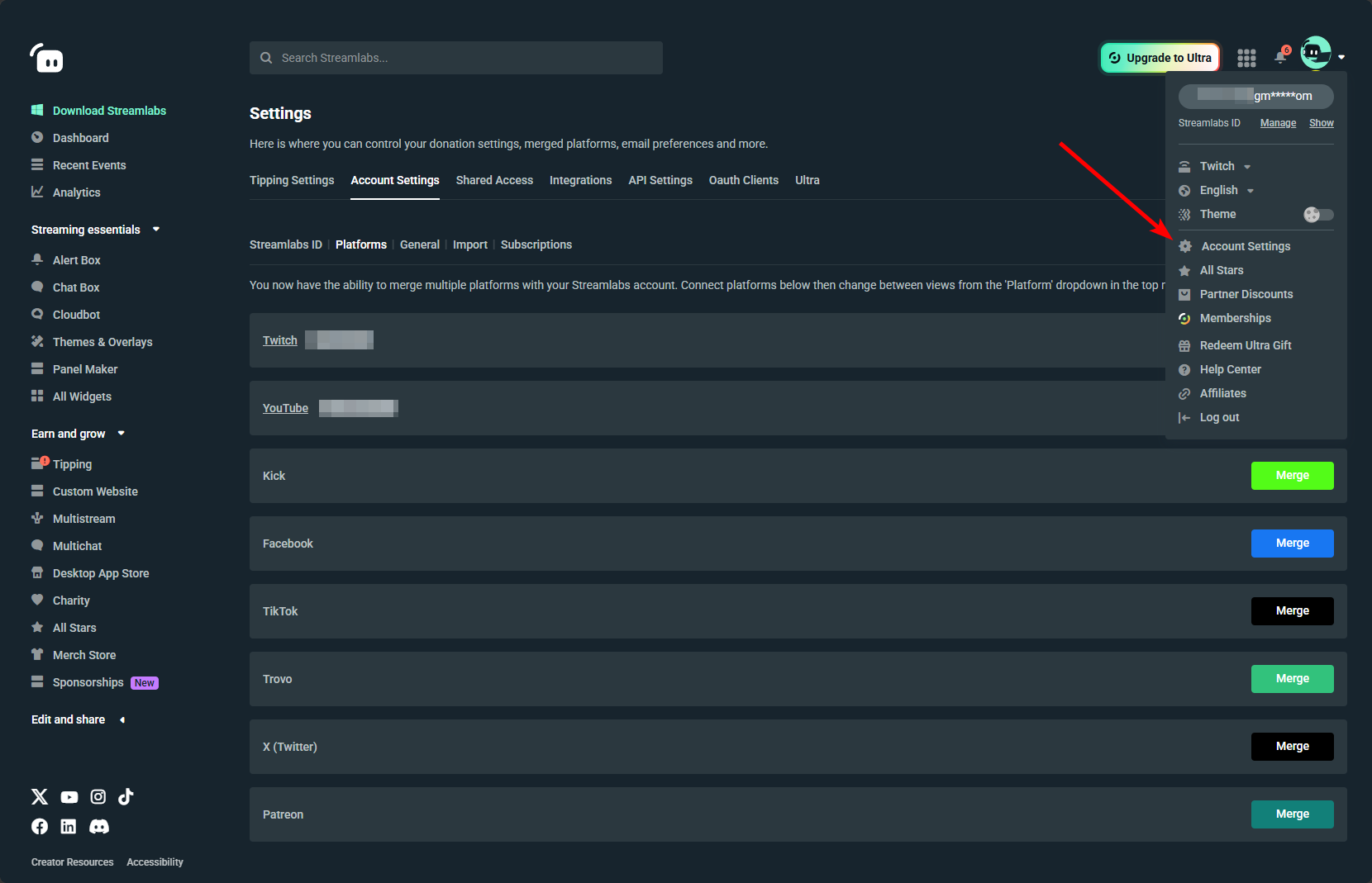 On the right hand side, the dropdown menu is expanded with a red arrow pointing to the Account Settings. The Account settings Platforms page is in the main content area.